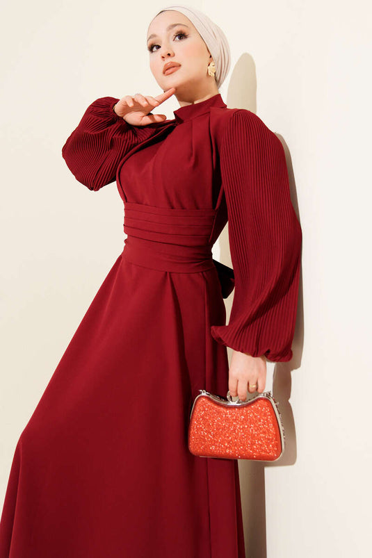 Kolları Piliseli Kuşaklı Abiye Elbise Bordo