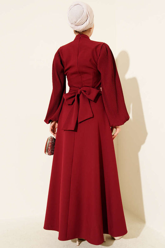 Kolları Piliseli Kuşaklı Abiye Elbise Bordo