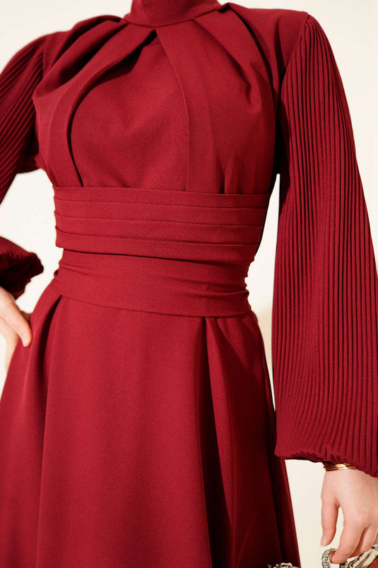 Kolları Piliseli Kuşaklı Abiye Elbise Bordo