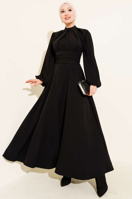 Black Evening Dress with Pleated Sleeves and Belt