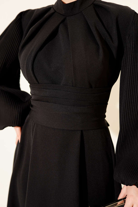 Black Evening Dress with Pleated Sleeves and Belt