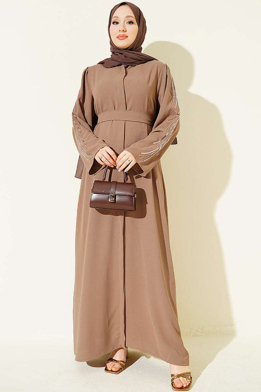 Kolları Pul Nakışlı Krep Abaya Latte