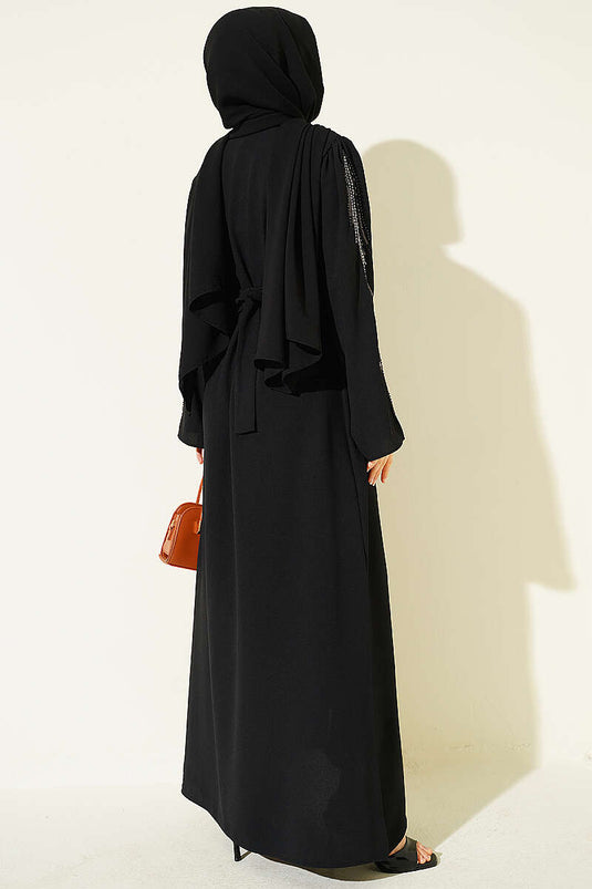 Kolları Pul Nakışlı Krep Abaya Siyah