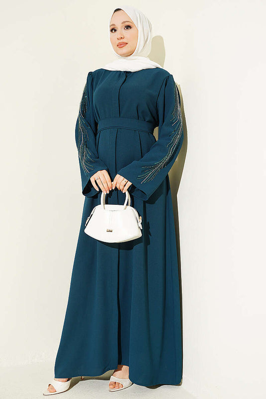 Kolları Pul Nakışlı Krep Abaya Zümrüt