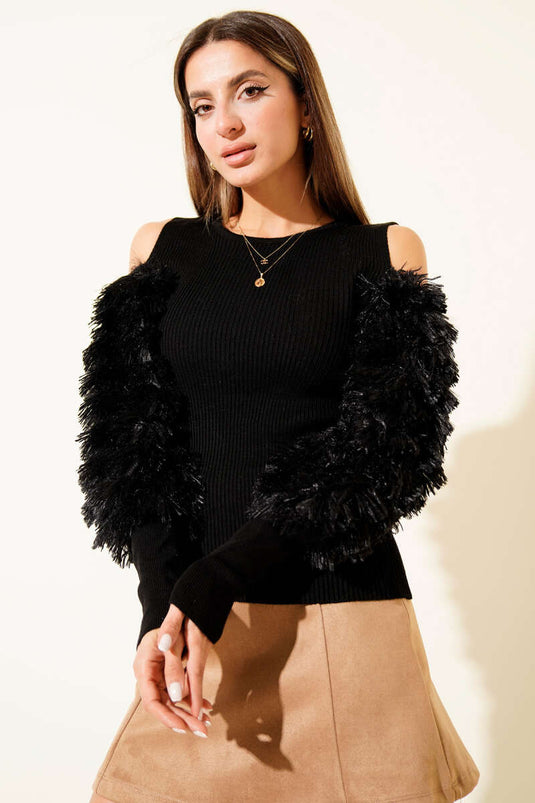 Chemisier noir à épaules dénudées et manches texturées