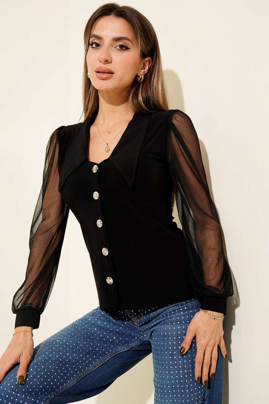 Camicetta nera con maniche in chiffon e dettaglio di bottoni