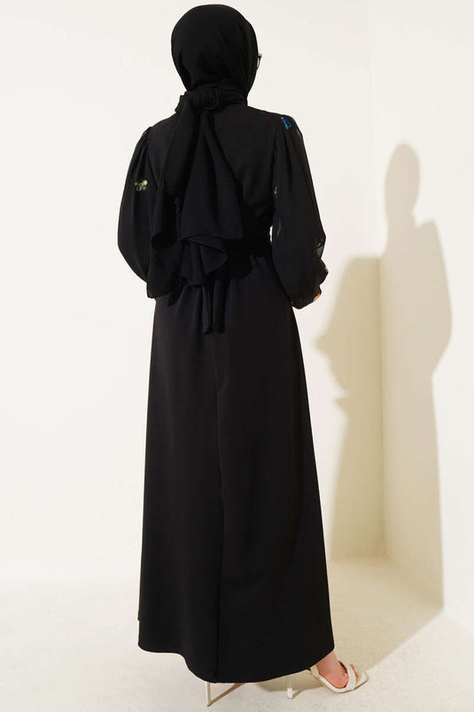 Chiffon geborduurde mouwjurk zwart