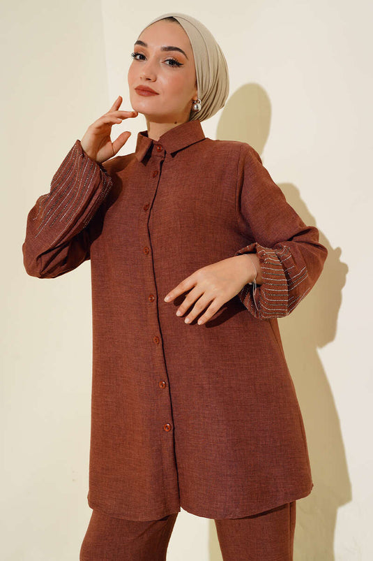 Ensemble Double en Lin avec Pierres sur les Manches Marron