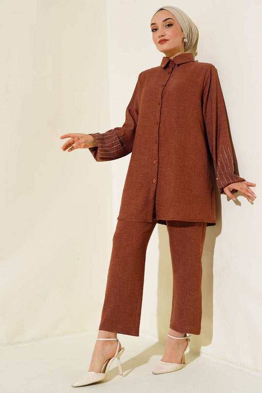 Ensemble Double en Lin avec Pierres sur les Manches Marron