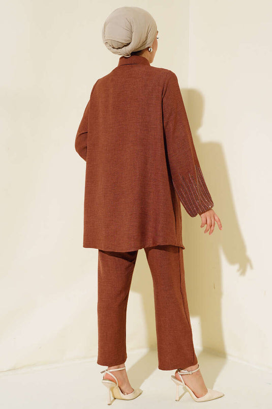 Ensemble Double en Lin avec Pierres sur les Manches Marron