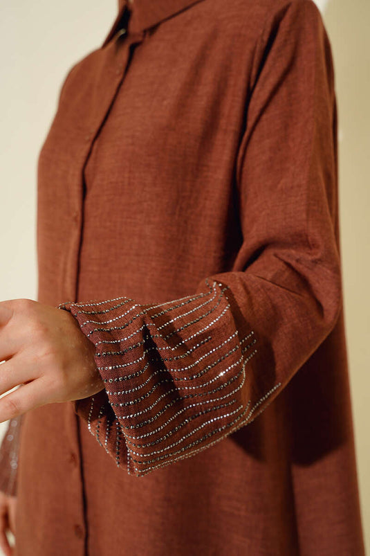 Ensemble Double en Lin avec Pierres sur les Manches Marron