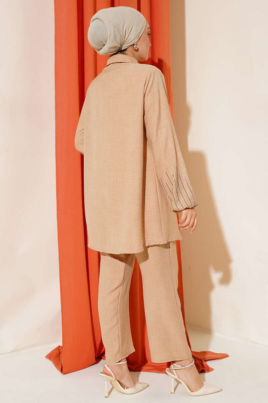 Stone Sleeved Linen Two-Piece Set Latte