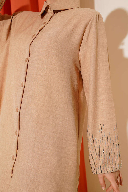 Stone Sleeved Linen Two-Piece Set Latte