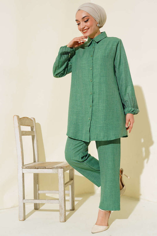 Costume Double en Lin avec Pierres sur les Manches Vert