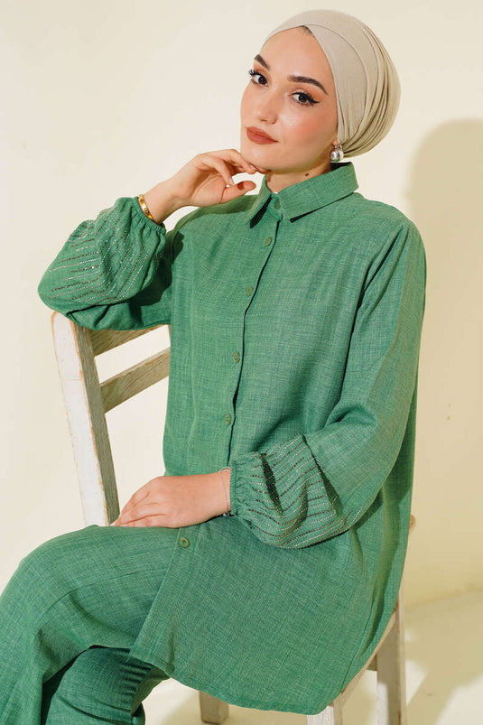 Costume Double en Lin avec Pierres sur les Manches Vert