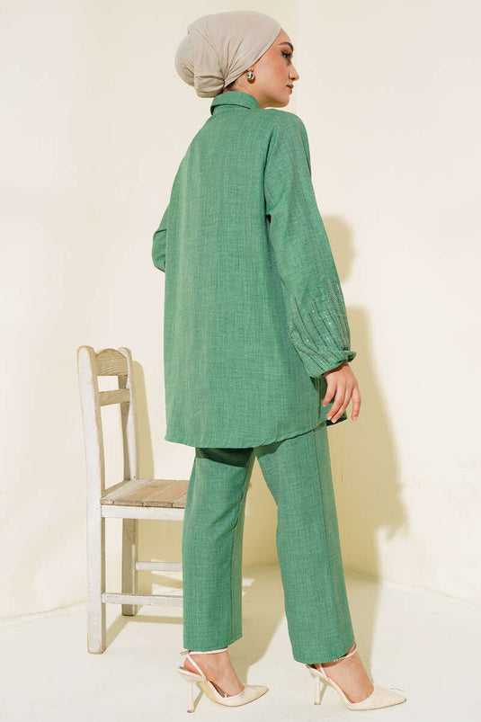 Costume Double en Lin avec Pierres sur les Manches Vert