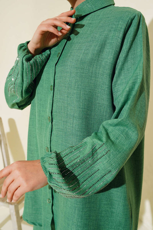 Costume Double en Lin avec Pierres sur les Manches Vert