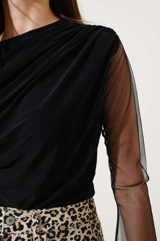 Kolları Tül Sandy Bluz Siyah