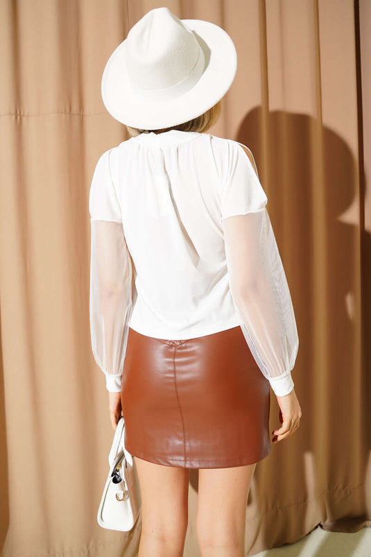 Sandfarbene Bluse mit Tüllärmeln, Ecru