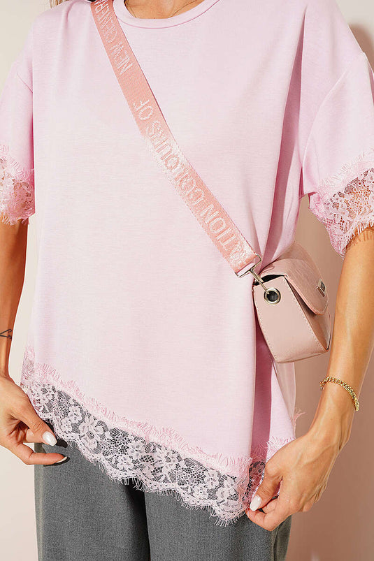 Kolları Ve Eteği Dantelli T-shirt Pembe