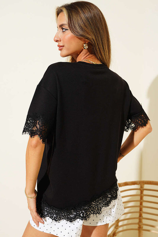 Kolları Ve Eteği Dantelli T-shirt Siyah