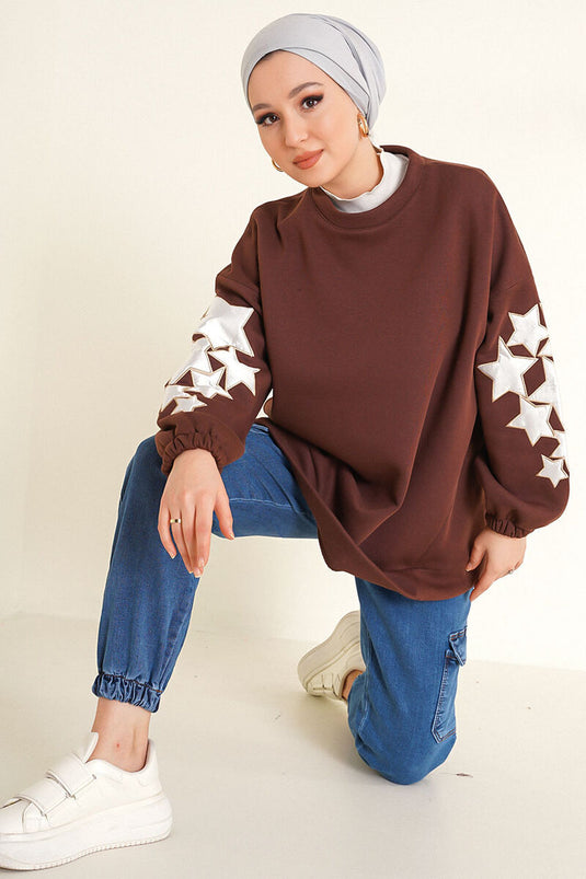 Kolları Yıldız İşlemeli Tunik Kahve