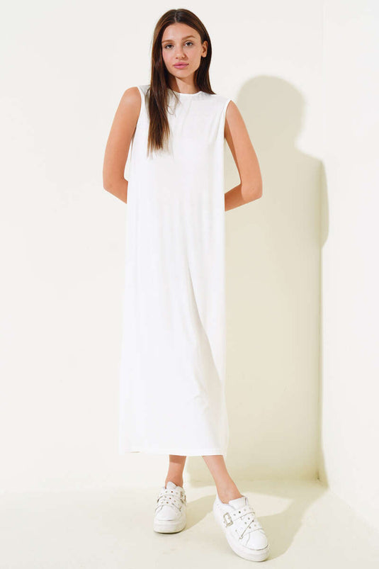 Ärmelloses, langes Basic-Kleid in Ecru
