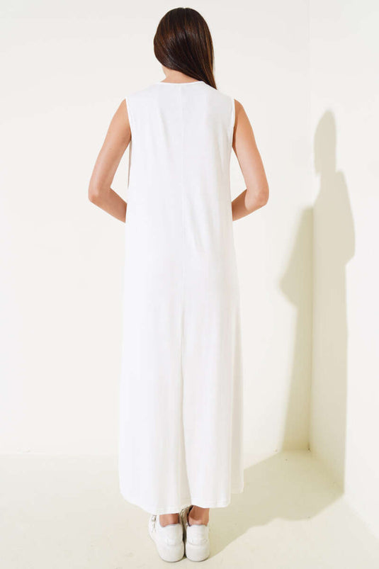 Ärmelloses, langes Basic-Kleid in Ecru