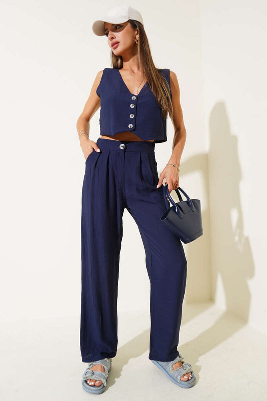 Ärmelloses, geknöpftes Westen-Zweiteiler-Set, Marineblau