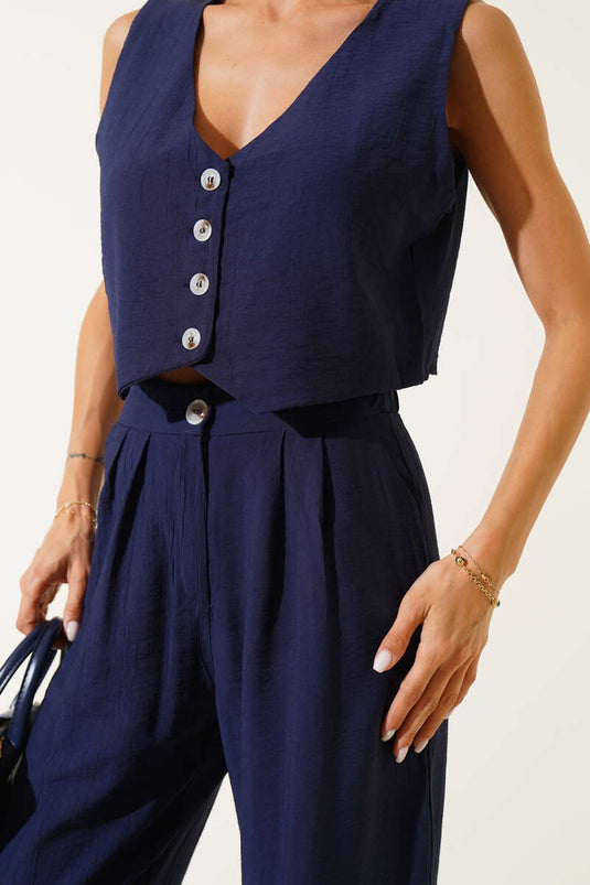 Ärmelloses, geknöpftes Westen-Zweiteiler-Set, Marineblau