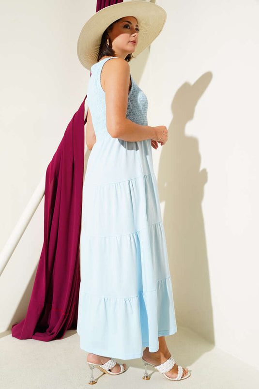 فستان جيبيل متعدد الطبقات بدون أكمام، أزرق فاتح