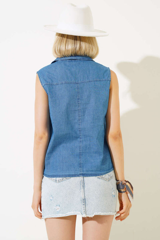 قميص جينز بدون أكمام أزرق