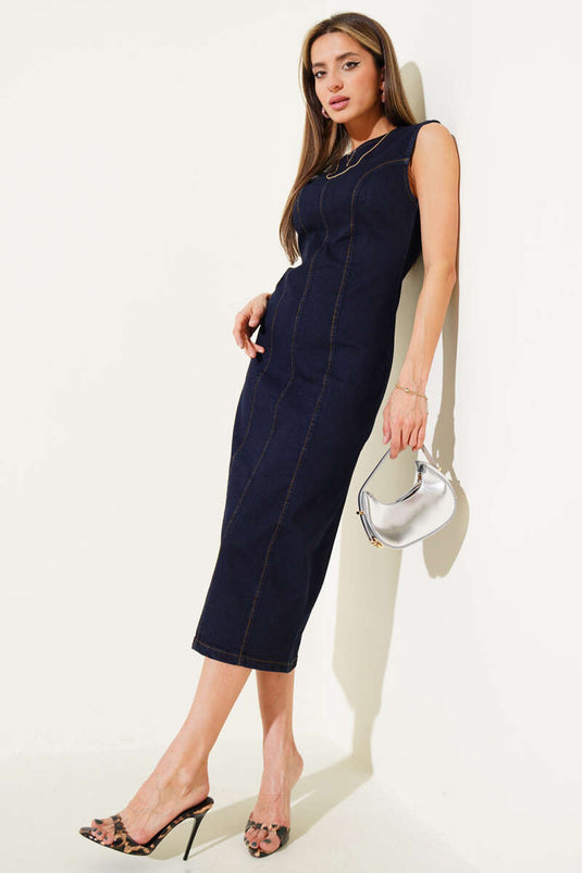 Sleeveless Long Denim Dress Navy Blue