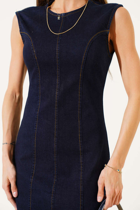 Sleeveless Long Denim Dress Navy Blue