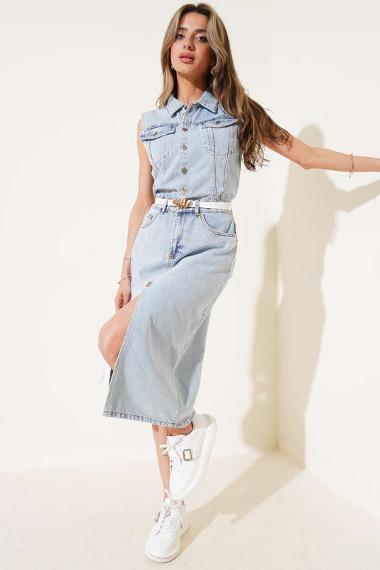 Ärmelloses Jeanskleid mit Schlitz, Hellschnee