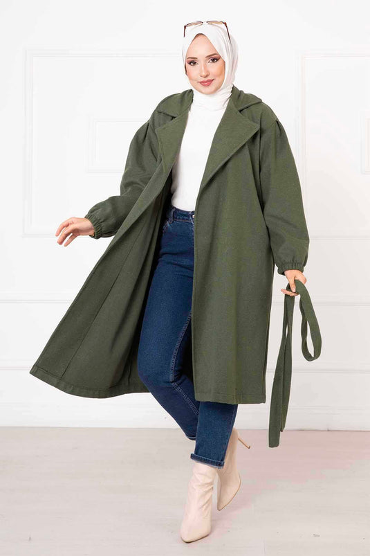 معطف كشمير بأكمام مجمعة بلون كاكي