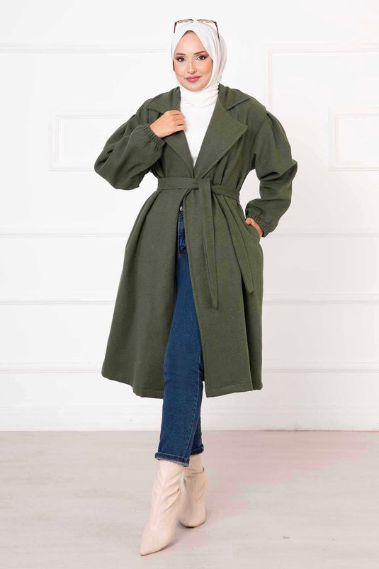 Manteau en cachemire kaki à manches froncées