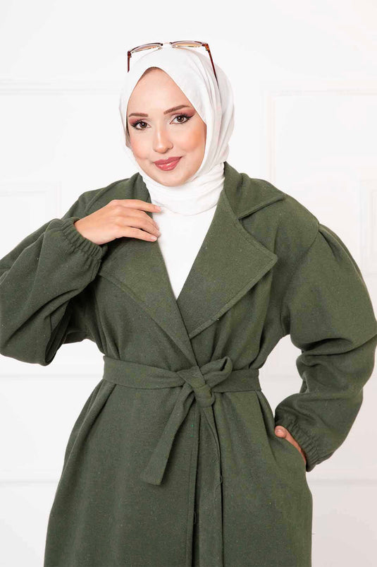 معطف كشمير بأكمام مجمعة بلون كاكي