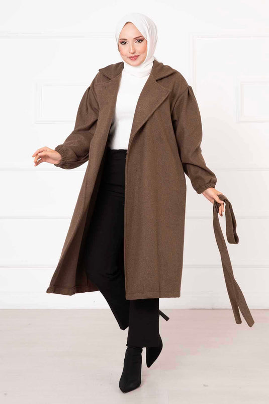 معطف كشمير بني بأكمام برباط