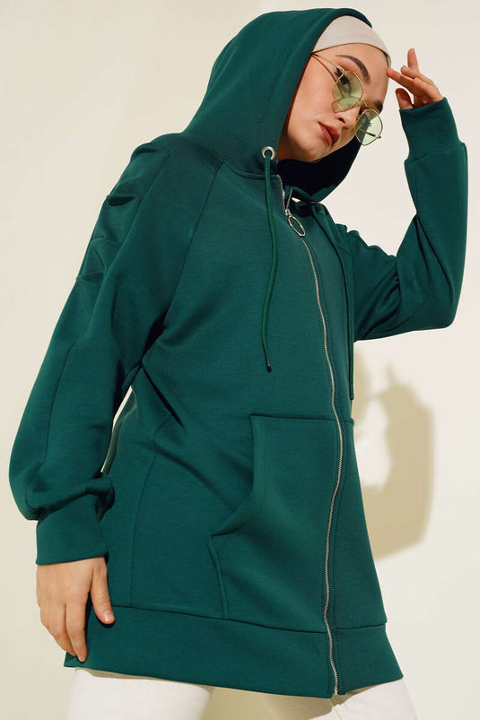 Cardigan con cappuccio con maniche a volant Verde smeraldo