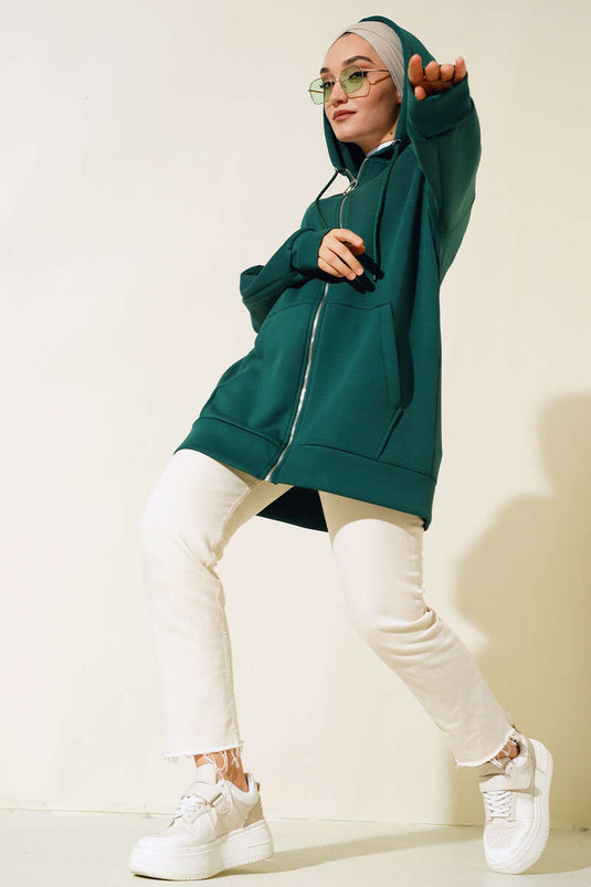 Cardigan con cappuccio con maniche a volant Verde smeraldo