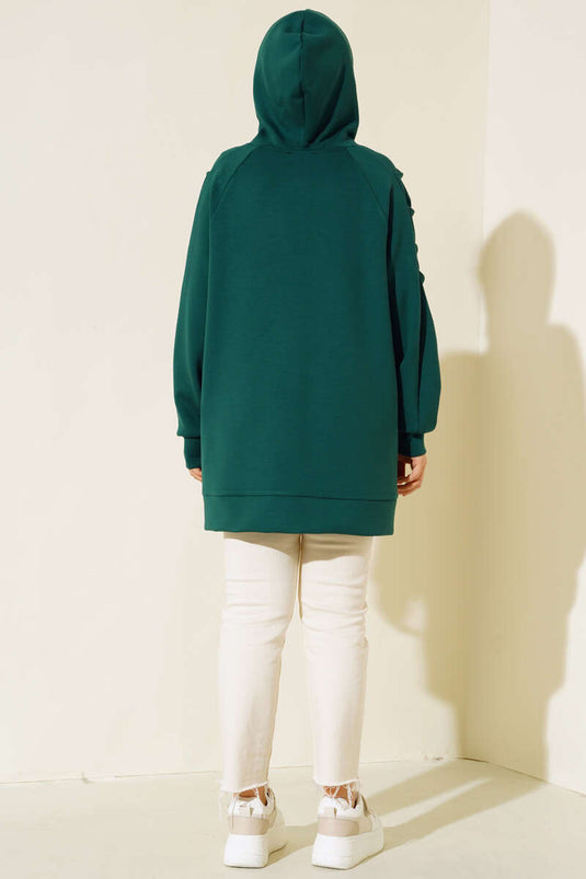 Cardigan con cappuccio con maniche a volant Verde smeraldo