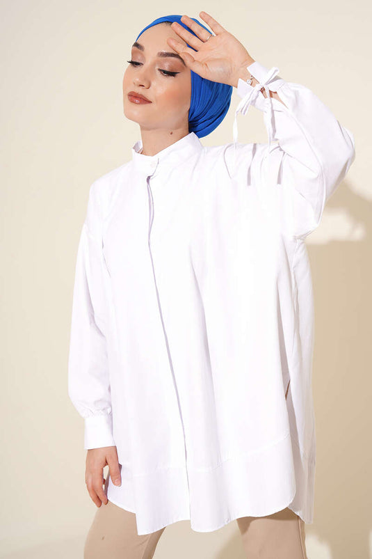 Slit Tunic with Rope-Tie Sleeves White