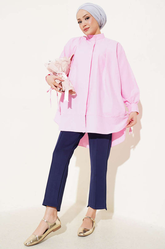 Tunika mit Schlitz und Kordelzugärmeln, Rosa