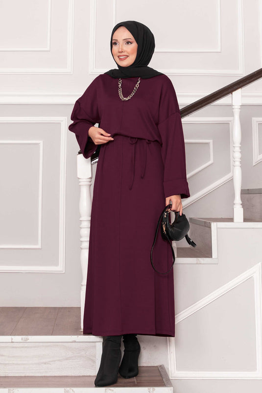 Abito Oysho con dettaglio manica arricciata e cintura rimovibile, bordeaux