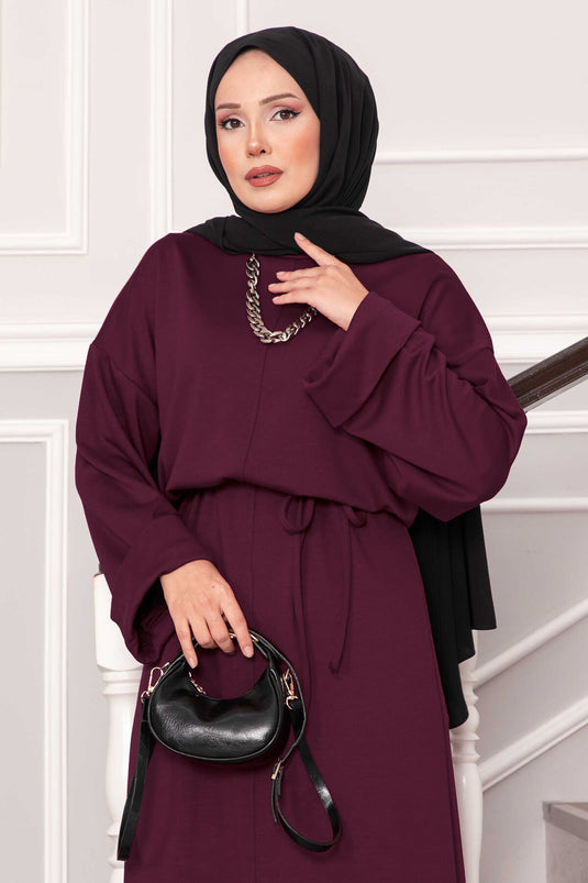 Abito Oysho con dettaglio manica arricciata e cintura rimovibile, bordeaux