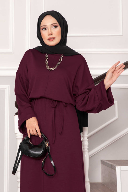 Abito Oysho con dettaglio manica arricciata e cintura rimovibile, bordeaux