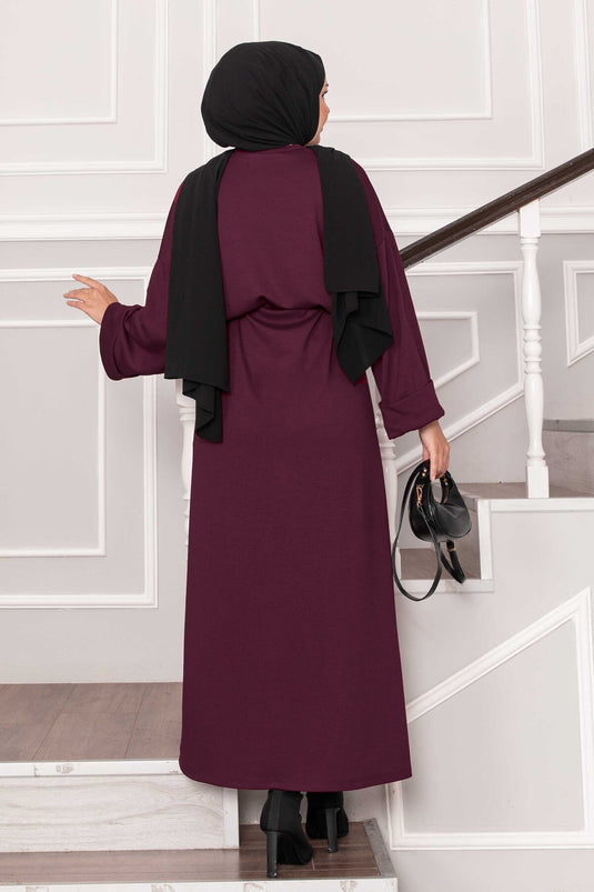 Abito Oysho con dettaglio manica arricciata e cintura rimovibile, bordeaux