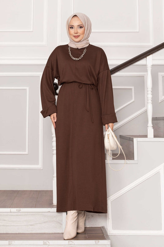 Oysho Kleid mit gefalteten Ärmeldetails und abnehmbarem Gürtel, Braun