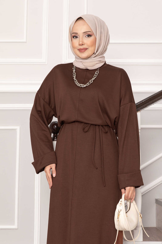 Oysho Kleid mit gefalteten Ärmeldetails und abnehmbarem Gürtel, Braun